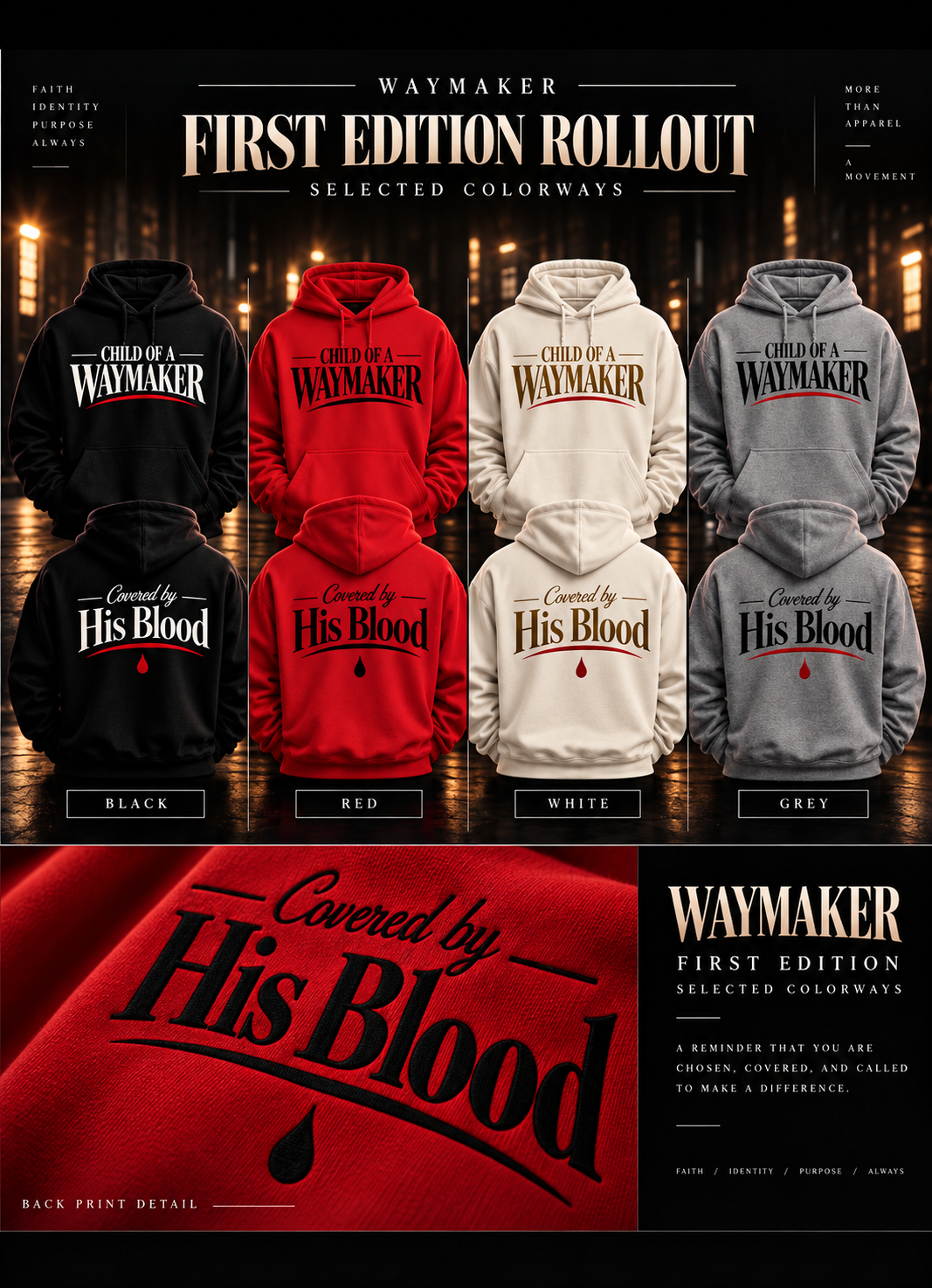 WAYMAKER First Edition rollout graphic showing black, red, white and grey hoodie designs